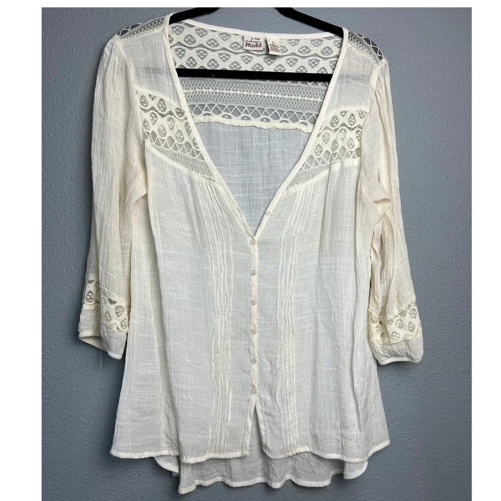Mudd Lg Ivory Crochet Lace Peasant Cottagecore Blouse 3/4 Sleeve Button Front